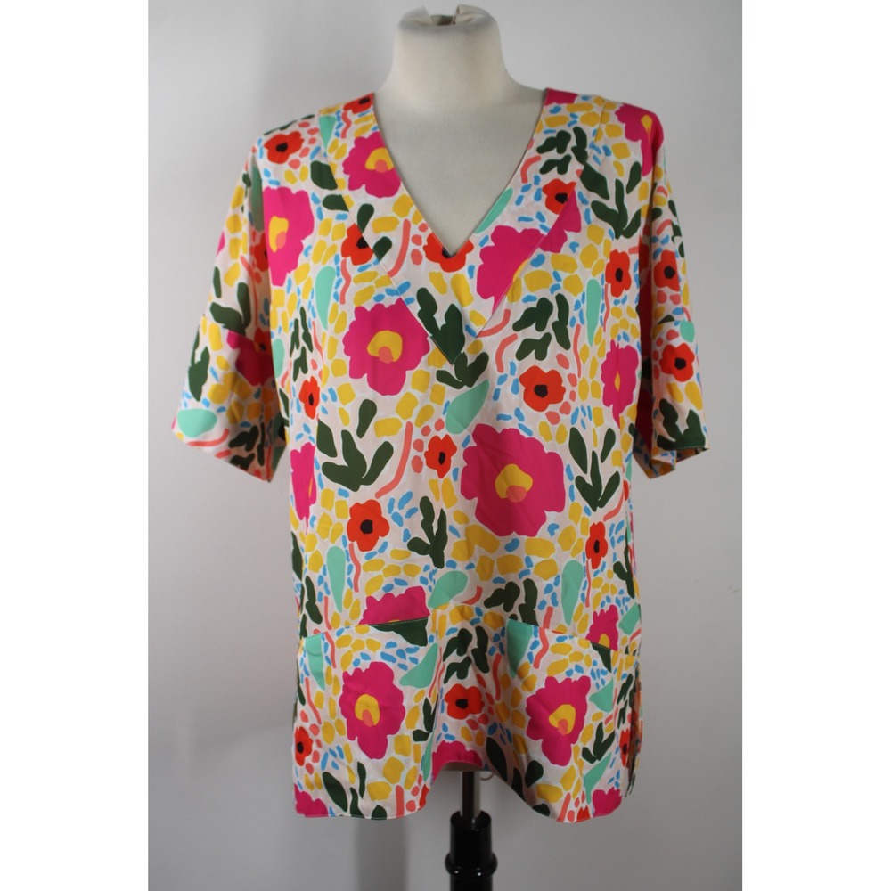 Crosby by Mollie Burch Size S Pink Multi Floral V-Neck Short Sleeve Tunic Top